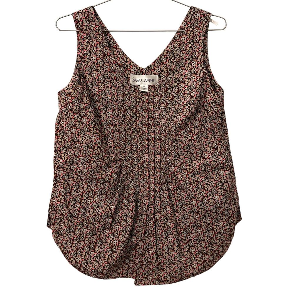 Sara Campbell Coral, Tan and White Floral Print Pleated Cotton Sleeveless Top M